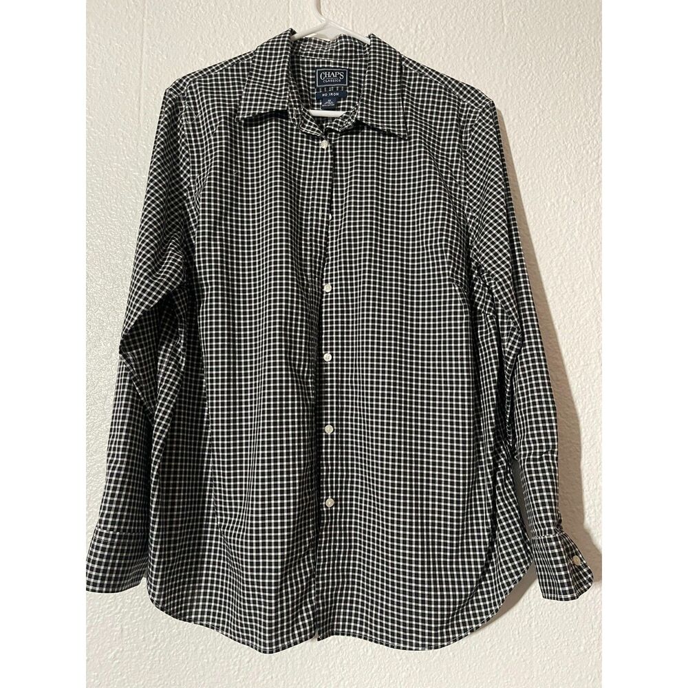 Chaps Classics Womens 1X Black White Gingham No Iron 100% Cotton Button Down